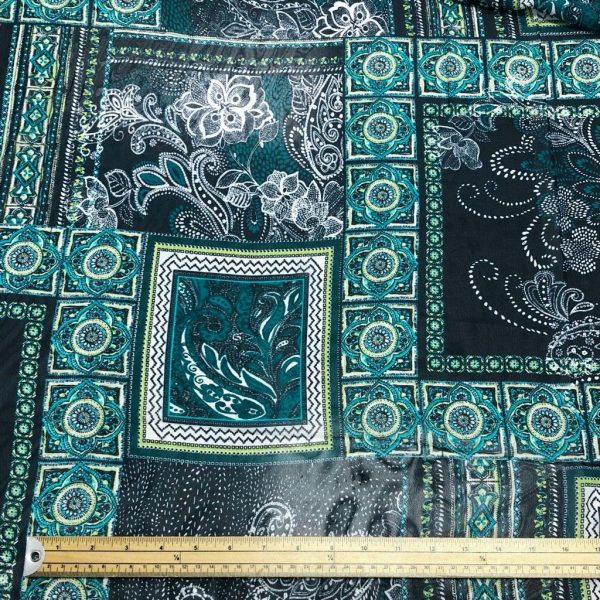 Teal Floral Tiles Chiffon Fabric - Image 2