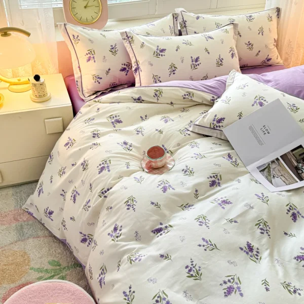 100% Cotton Lavender Print Duvet Cover Set 3-Piece (1 Duvet + 2 Pillowcases) - Breathable & Fade-Resistant, Bedding Set - Image 2