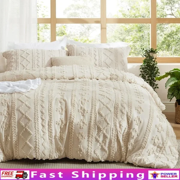 King Size Tufted Boho Comforter Set 3 Pieces Soft Microfiber Embroidered Bedding Christmas Gifts Women Cozy Shabby Chic