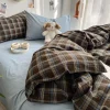Bedding Set Ins Ambiance Blue Coffee Grid Mixed With Washed Cotton Minimalist Flat&Fitted Sheets Duvet Cover Set With Pillowcase - Image 4