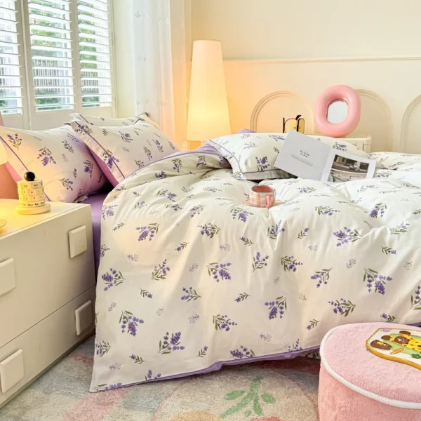 100% Cotton Lavender Print Duvet Cover Set 3-Piece (1 Duvet + 2 Pillowcases) - Breathable & Fade-Resistant, Bedding Set - Image 3