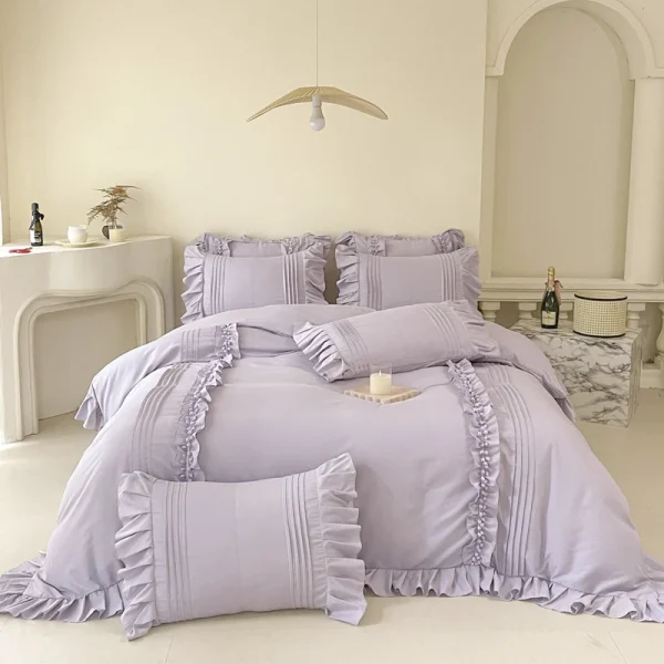 Princess Style Washed Cotton Bedding Set with Pillowcase bed sheet Single Full Bed Linen Purple Duvet Cover Queenking Double Bed - Image 5