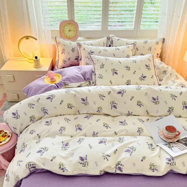 100% Cotton Lavender Print Duvet Cover Set 3-Piece (1 Duvet + 2 Pillowcases) - Breathable & Fade-Resistant, Bedding Set - Image 4