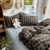 Bedding Set Ins Ambiance Blue Coffee Grid Mixed With Washed Cotton Minimalist Flat&Fitted Sheets Duvet Cover Set With Pillowcase - Image 5